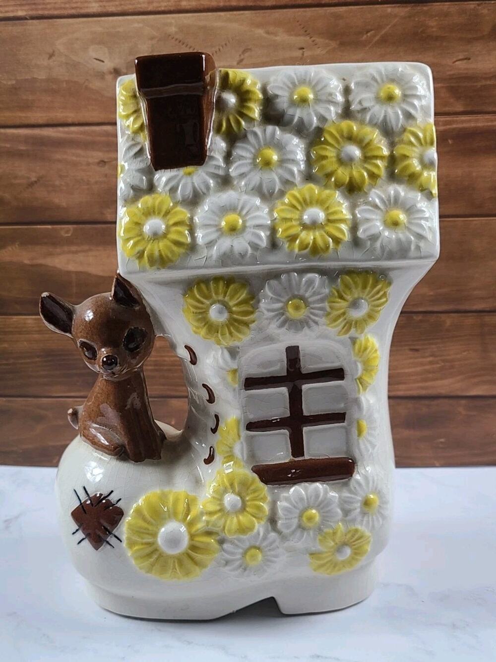 Vintage Ceramic Boot House Figurine Deer Fawn Daisy Floral Woodland Kitsch Decor